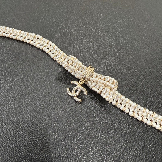 Preloved Chanel Coco Pearl Ribbon Choker Gold Necklace B22K GT0414
