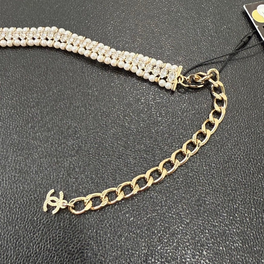Preloved Chanel Coco Pearl Ribbon Choker Gold Necklace B22K GT0414