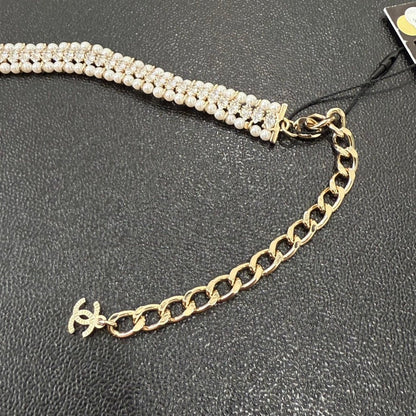 Preloved Chanel Coco Pearl Ribbon Choker Gold Necklace B22K GT0414