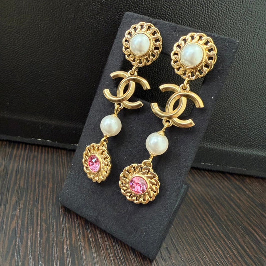 Preloved Chanel Coco Rhinestone Pearl Earrings Gold A21P GT2674