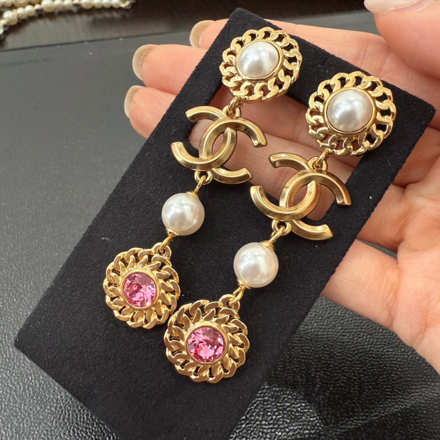 Chanel Coco Rhinestone Pearl Earrings Gold AP GT