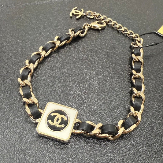 Chanel Coco Leather Chain Choker Preloved Black Gold Necklace