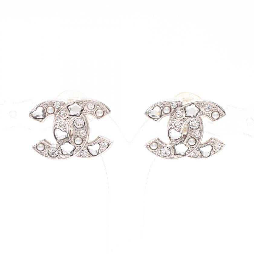 CHANEL Coco Mark Rhinestone Earrings Silver Clear  Condition A