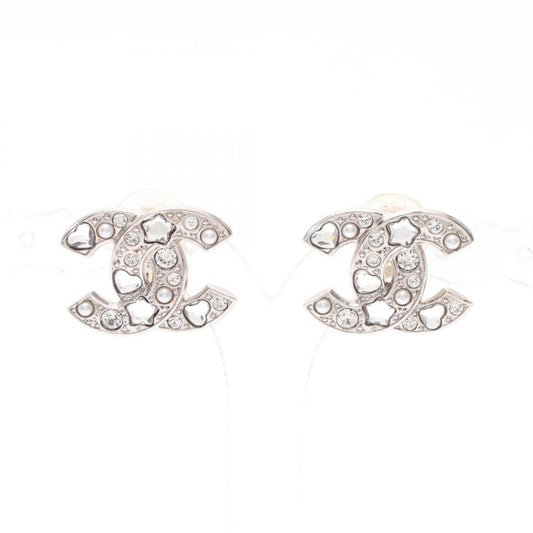 CHANEL Coco Mark Rhinestone Earrings Silver Clear  Condition A