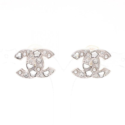 CHANEL Coco Mark Rhinestone Earrings Silver Clear  Condition A