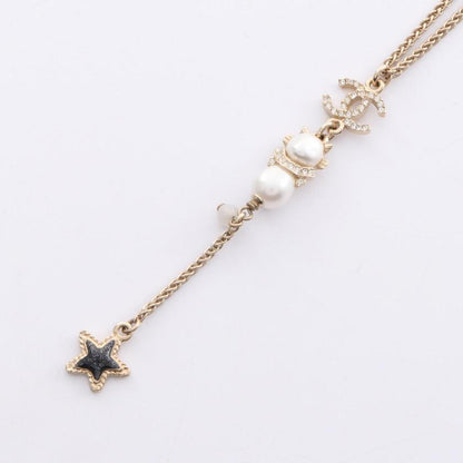 CHANEL Coco Mark Star Necklace Gold White Pearl Rhinestone