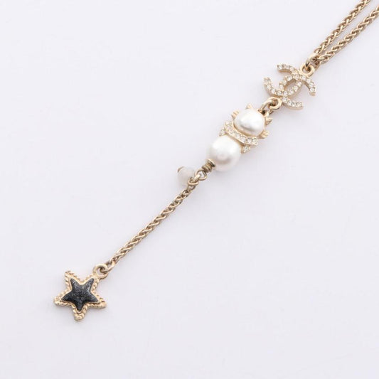 CHANEL Coco Mark Star Necklace Gold White Pearl Rhinestone