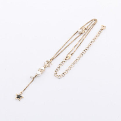 CHANEL Coco Mark Star Necklace Gold White Pearl Rhinestone