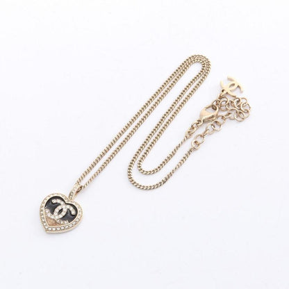 Chanel Coco Mark Heart Necklace GP Rhinestone Gold Black Clear CB