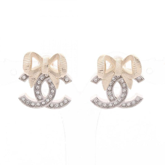 CHANEL Coco Mark Ribbon Earrings Silver Gold Clear Rhinestone GP