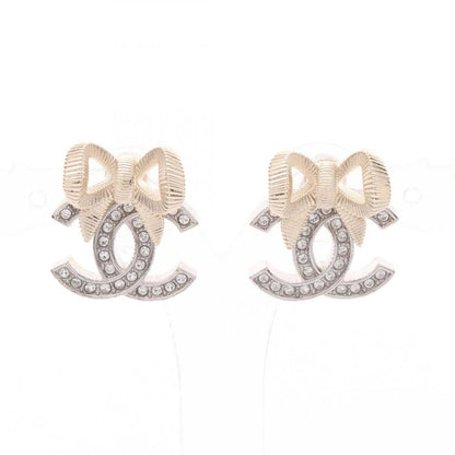 CHANEL Coco Mark Ribbon Earrings Silver Gold Clear Rhinestone GP