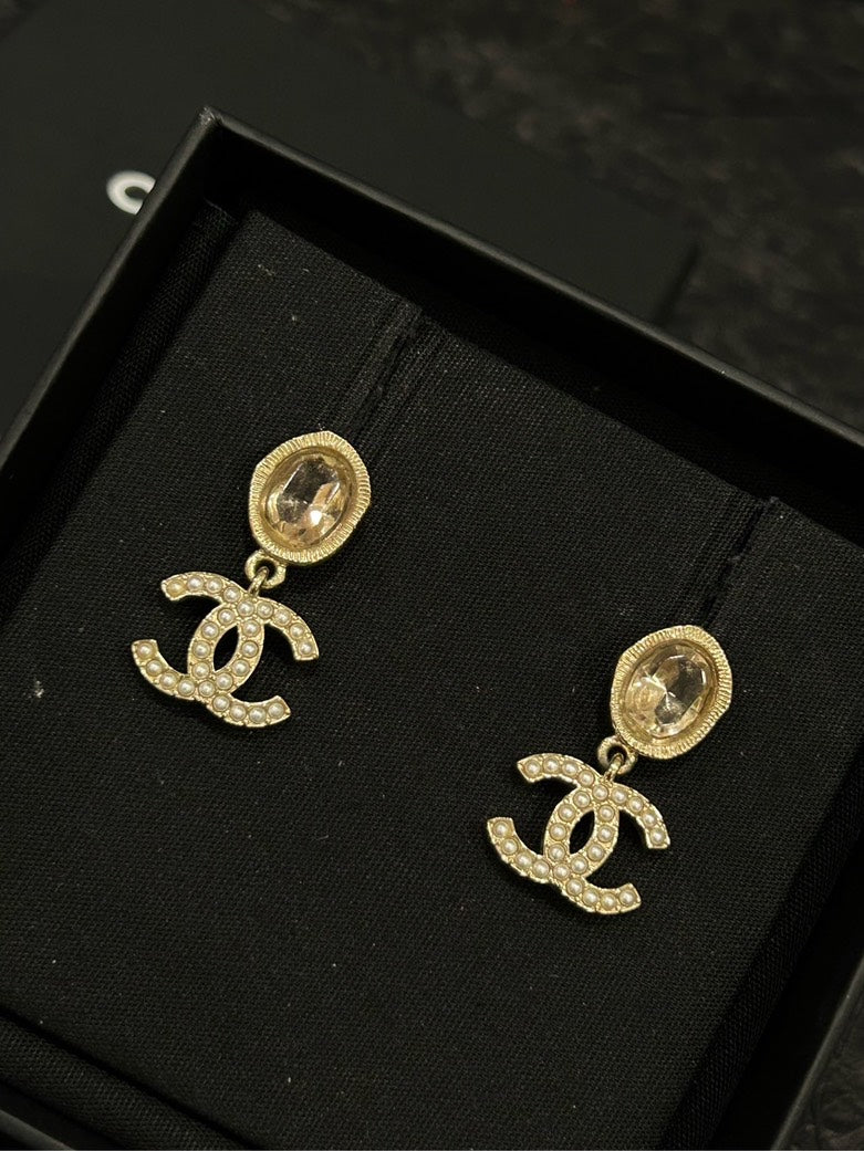 Chanel Champagne Gold Oval Double C Earrings with Small Pearls