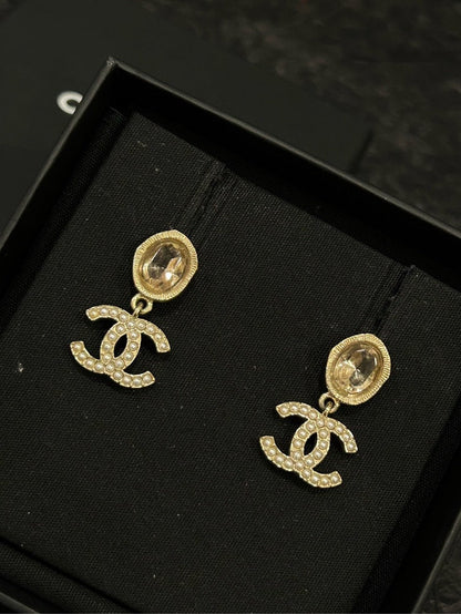 Chanel Champagne Gold Oval Double C Earrings with Small Pearls