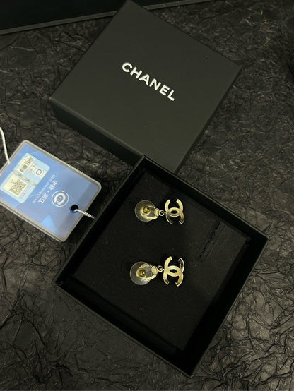 Chanel Champagne Gold Oval Double C Earrings with Small Pearls