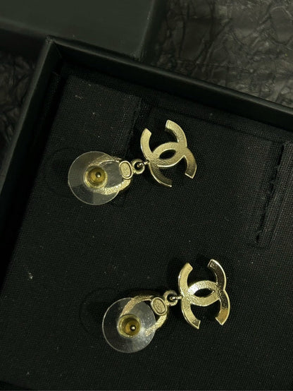 Chanel Champagne Gold Oval Double C Earrings with Small Pearls