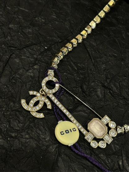 Chanel Pink Crystal Double C Brooch Choker Necklace cm