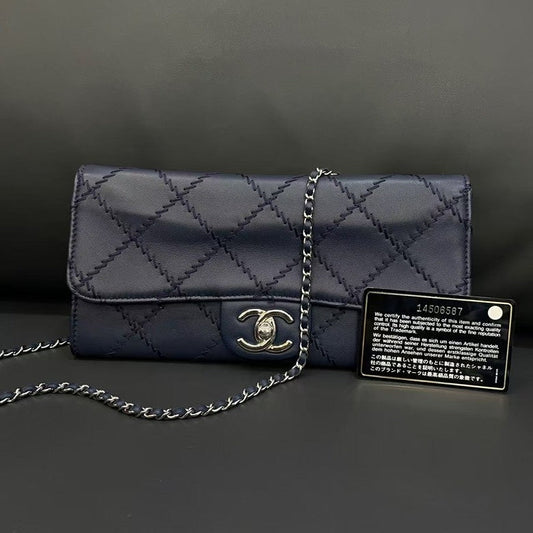 Chanel Quilted Navy Blue Leather Wallet on Chain Bag