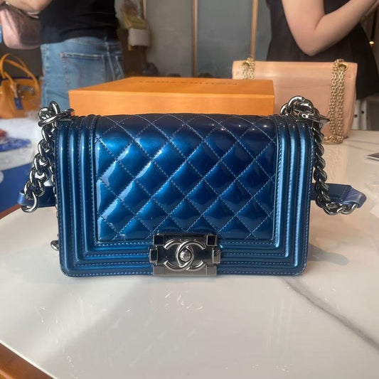 Chanel Preloved Boy Bag Blue Leather Shoulder Bag