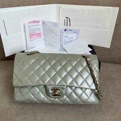 Chanel Classic Flap Bag Silver Leather Shoulder Bag