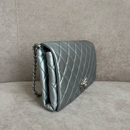 Chanel Lion Motif Quilted Shoulder Bag in Silver Leather