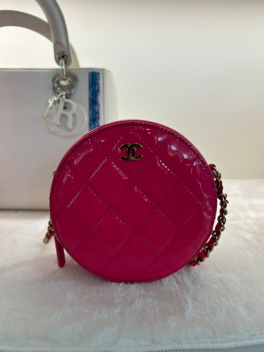Chanel Round Quilted Coin Pouch in Pink Patent Leather