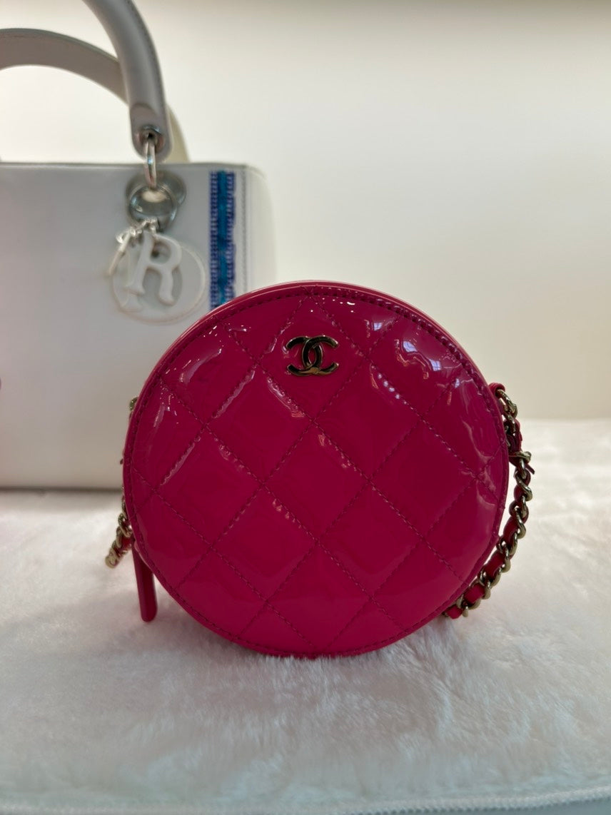 Chanel Round Quilted Coin Pouch in Pink Patent Leather