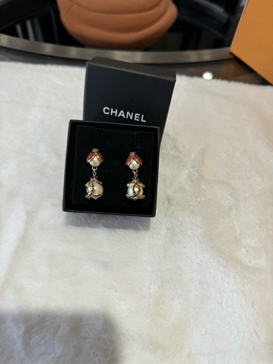 Preloved Chanel HBG Earrings Gold with Pearl and Red Enamel
