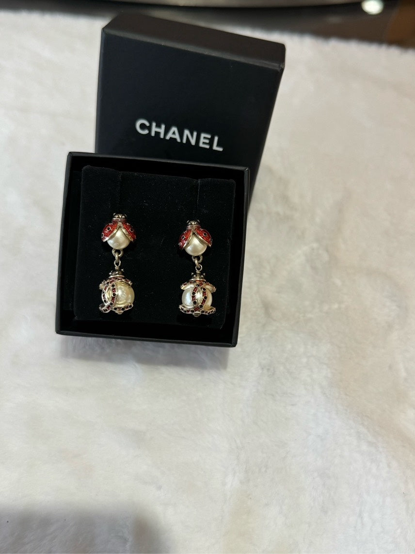 Chanel HBG Earrings Gold with Pearl and Red Enamel