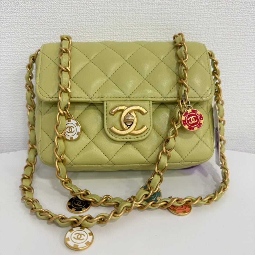 Chanel Lambskin Mini Flap Chain Bag in Lime Green - Preloved, Microchipped FM