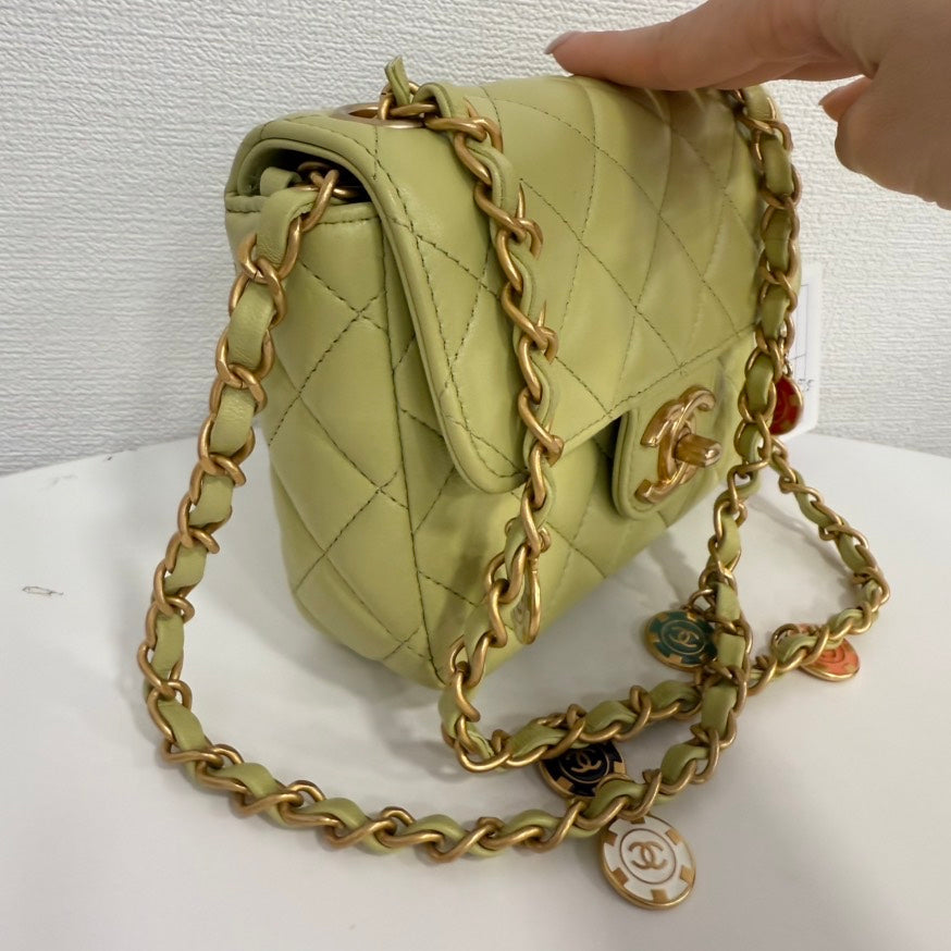 Chanel Lambskin Mini Flap Chain Bag in Lime Green - Preloved, Microchipped FM