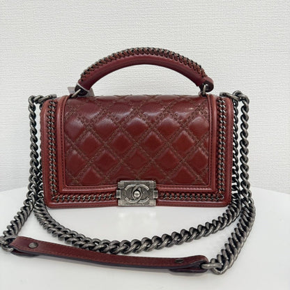 Chanel Calfskin Boy Top Handle way Bag Burgundy