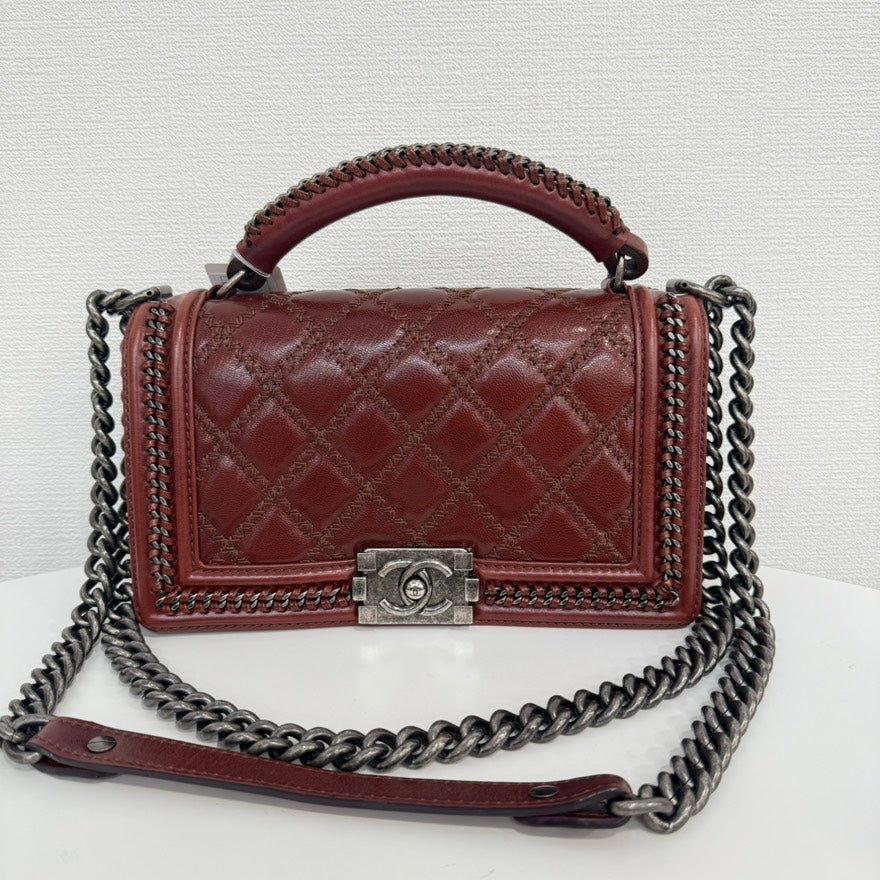 Chanel Calfskin Boy Top Handle way Bag Burgundy