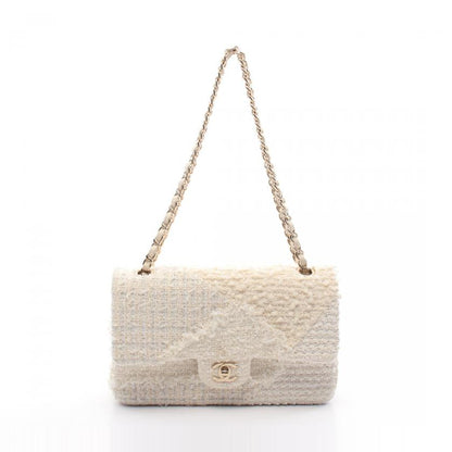 CHANEL Matelassé W Flap Tweed Off White Gold Shoulder Bag