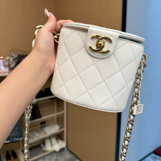 Chanel  Beige Diamond Quilted Leather Top Handle Bag