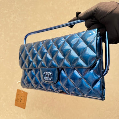 Chanel Quilted Patent Leather Flap Bag in Blue - Handle Clutch