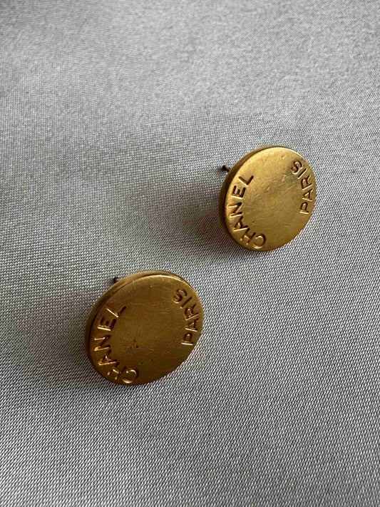 Chanel Paris Stud Earrings Gold Tone Vintage RE91430900