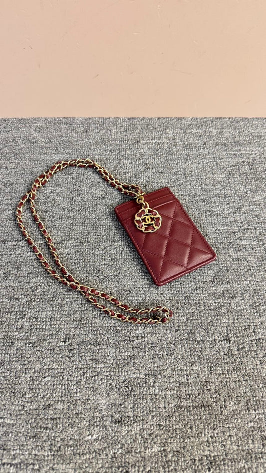 Chanel Quilted Burgundy Card Holder with Chain - Preloved