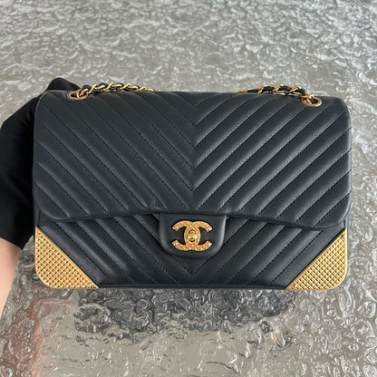 *Rare* Chanell Classic Flap Small - Rock The Corner Seasonal Chevron Calfskin Black Golden Hardware Series  26