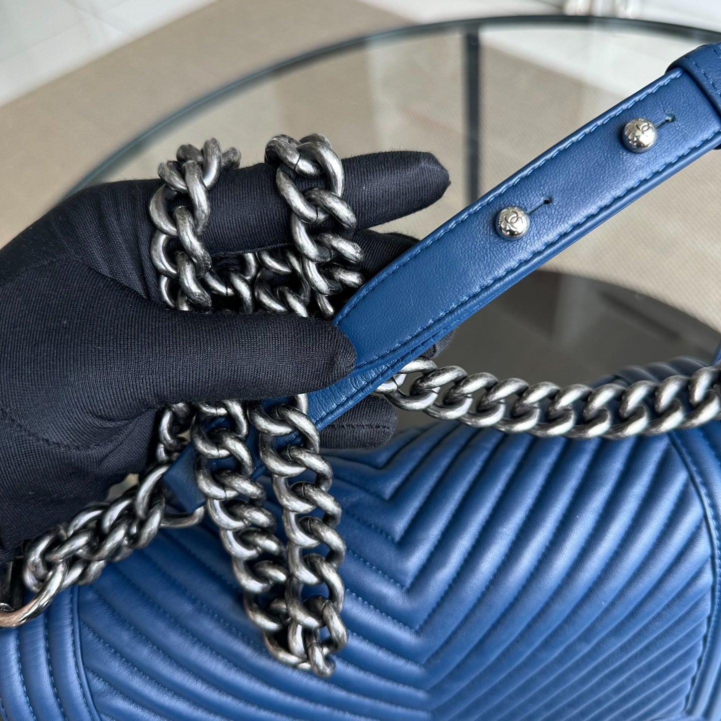 *Receipt, Full Set* Chanel Boy Old Medium 25CM Chevron Lambskin Leboy Dark Blue RSHW No 24