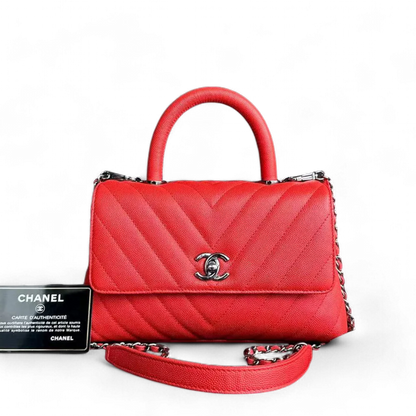 Chanel Caviar Small Coco Handle Chevron Calfskin Light Red Silver Hardware Series 28