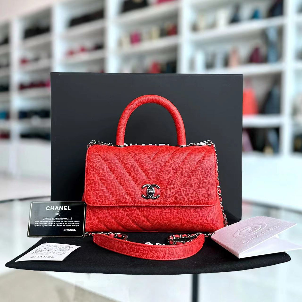 Chanel Caviar Small Coco Handle Chevron Calfskin Light Red Silver Hardware Series 28