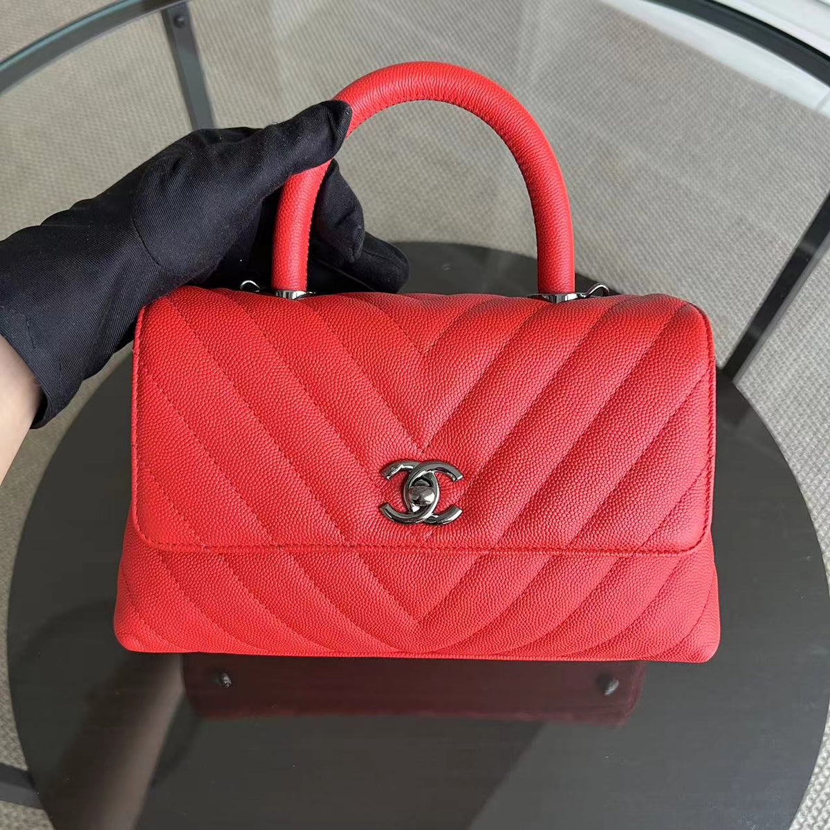 Chanel Caviar Small Coco Handle Chevron Calfskin Light Red Silver Hardware Series 28