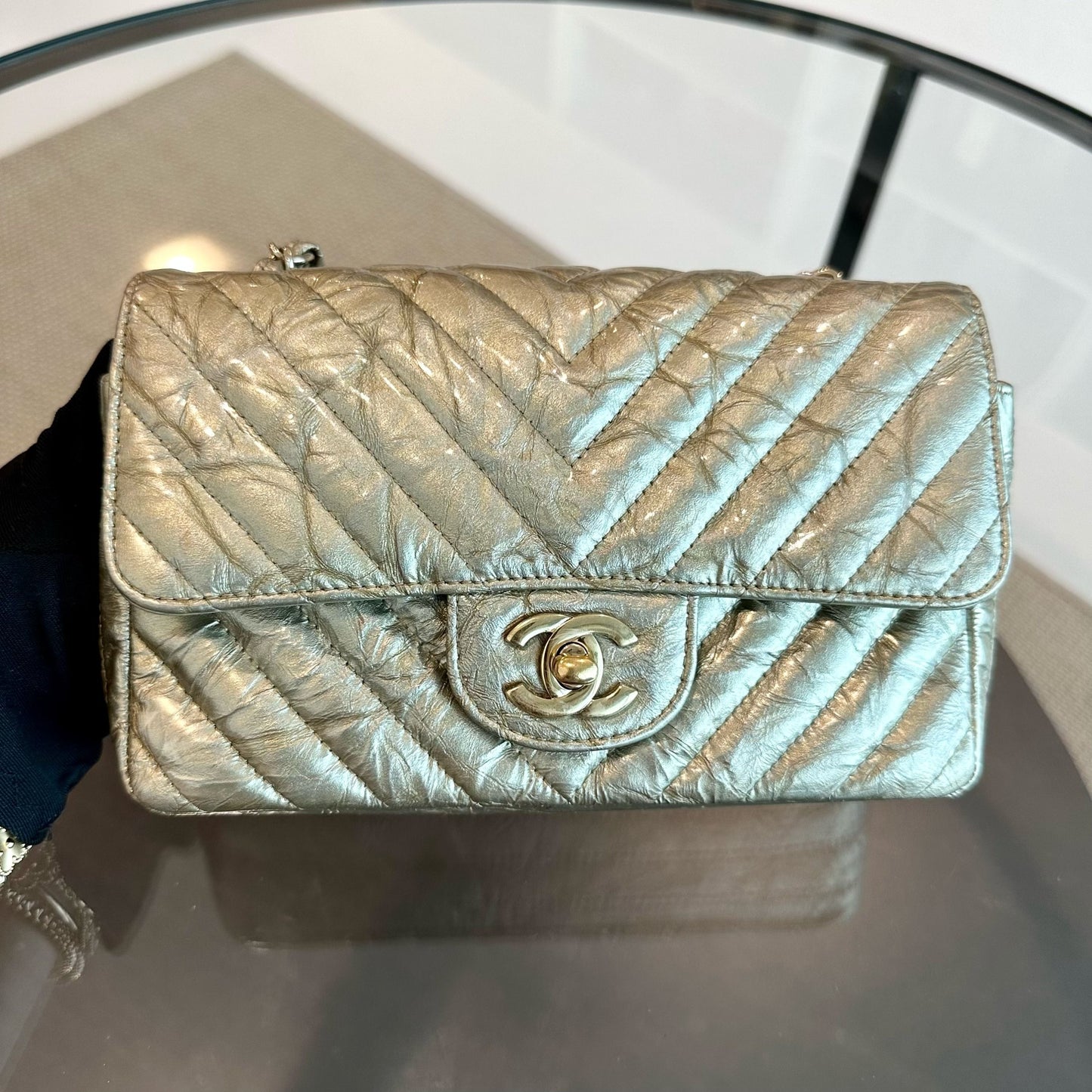 *Receipt, Full Set* Mini Rectangular Chevron Metallic Crumpled Patent Calfskin Gold GHW No 25