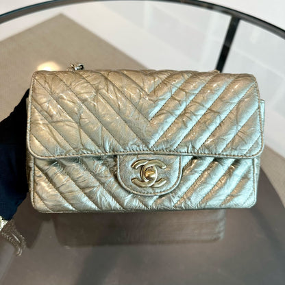 *Receipt, Full Set* Mini Rectangular Chevron Metallic Crumpled Patent Calfskin Gold GHW No 25