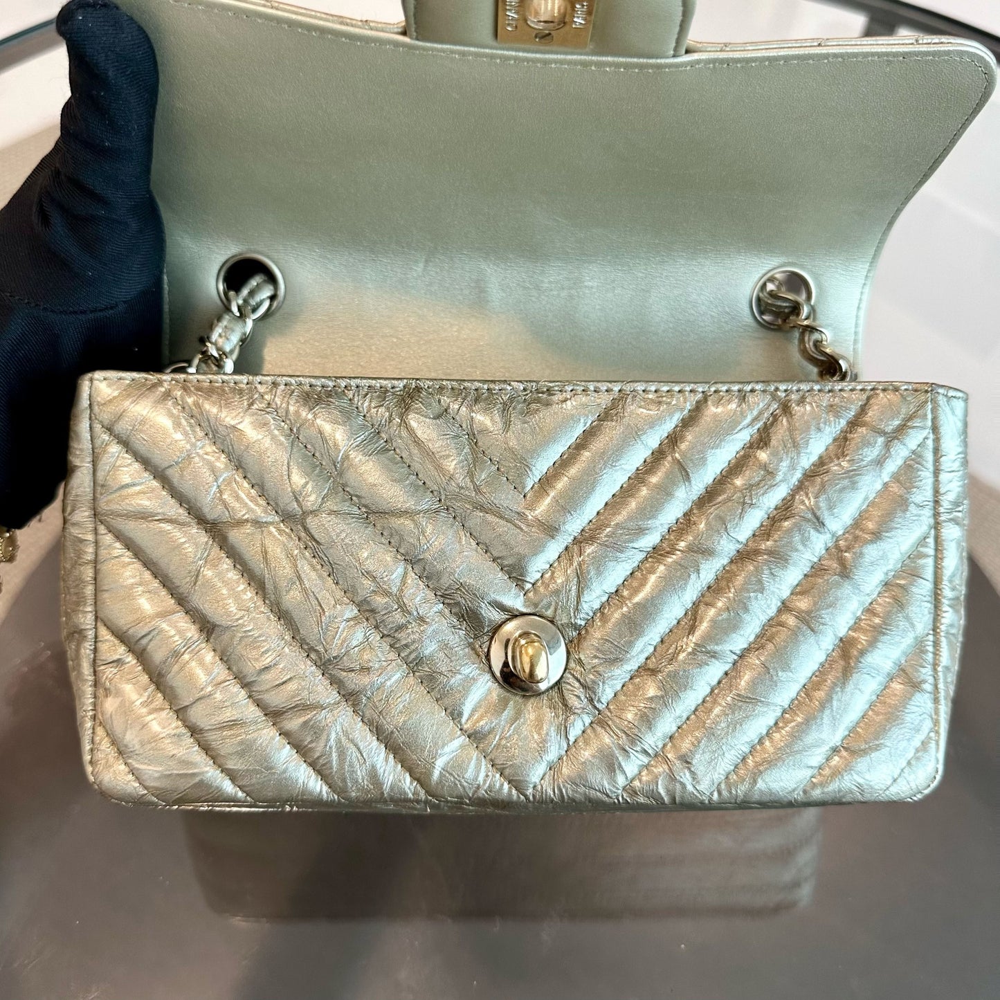 *Receipt, Full Set* Mini Rectangular Chevron Metallic Crumpled Patent Calfskin Gold GHW No 25