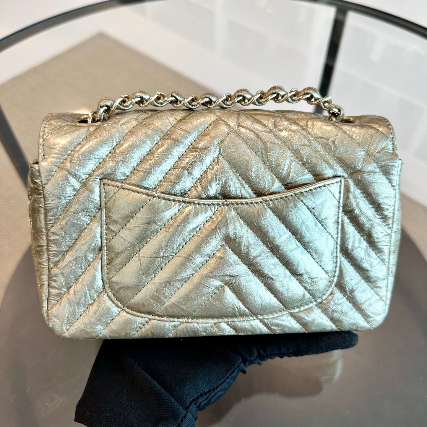 *Receipt, Full Set* Mini Rectangular Chevron Metallic Crumpled Patent Calfskin Gold GHW No 25