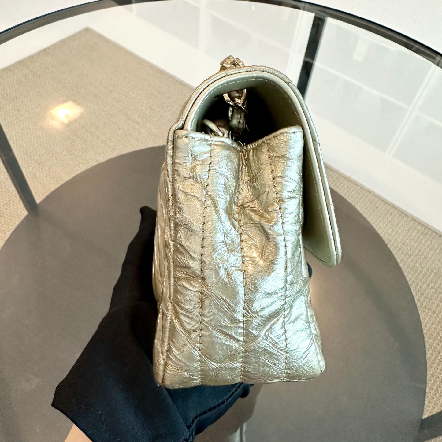 *Receipt, Full Set* Mini Rectangular Chevron Metallic Crumpled Patent Calfskin Gold GHW No 25