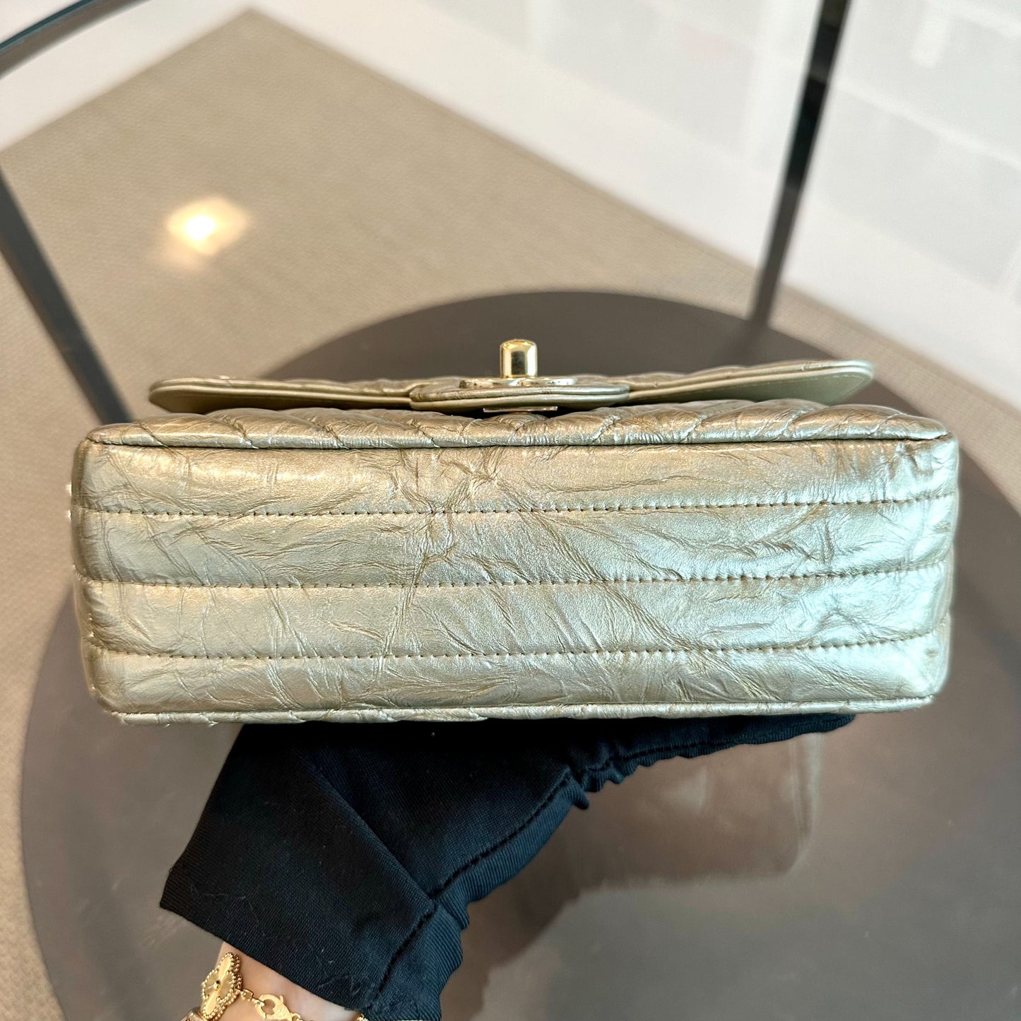 *Receipt, Full Set* Mini Rectangular Chevron Metallic Crumpled Patent Calfskin Gold GHW No 25