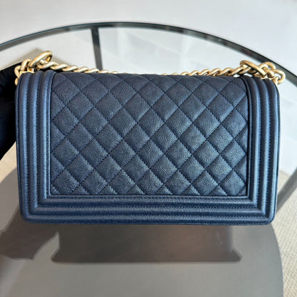 *Receipt, Full Set, Like New, 2019* Chanel Boy Caviar Old Medium 25CM Quilted Leboy Dark Blue GHW No 27