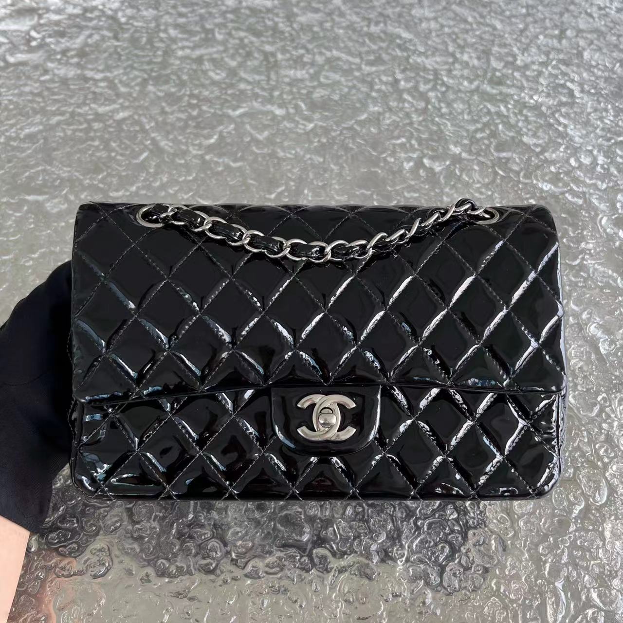 *Recolor* Medium Quilted Patent Leather Black Silver Hardware Series 17